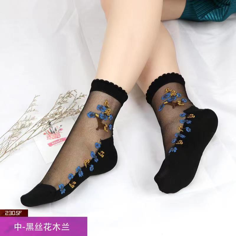 Glass fiber stockings - Children's rose flower sweet anti-slip cotton bottom stockings - Transparent mid-calf women's low-top trendy cotton stockings