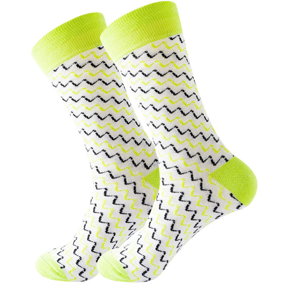 The same style striped men's and women's socks, trendy and colorful, for street wear, featuring a bold and unique design in mid-calf length.