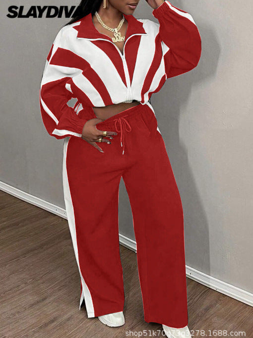 Black and white color-blocked top and wide-leg pants two-piece casual sportswear set, stylish and relaxed.