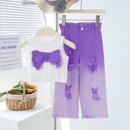 Girls' Summer Set - Two-Piece Set of Sleeveless Hole-Punched Denim Pants for Ages 4-12 - Summer Dress for Girls