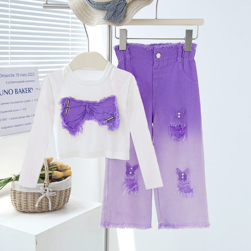 Girls' Summer Set - Two-Piece Set of Sleeveless Hole-Punched Denim Pants for Ages 4-12 - Summer Dress for Girls