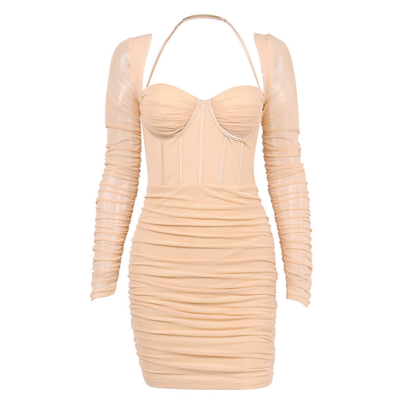 Women's sexy style net-sheer see-through fishbone pleated backless hot girl high-waisted short dress for summer