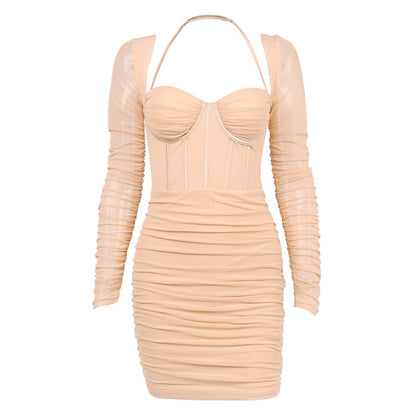 Women's sexy style net-sheer see-through fishbone pleated backless hot girl high-waisted short dress for summer