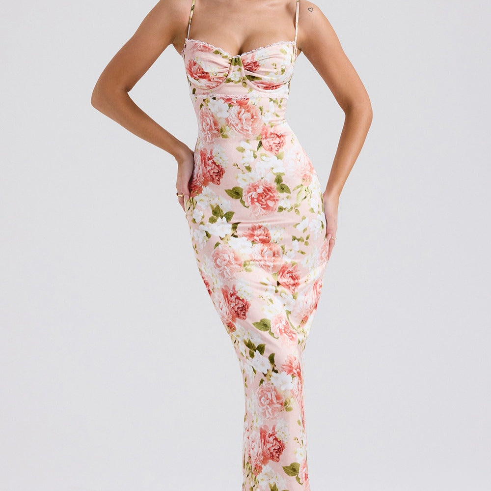 Lace fabric with milk silk texture, pleated at the bust, long and form-fitting dress with floral print on the front.