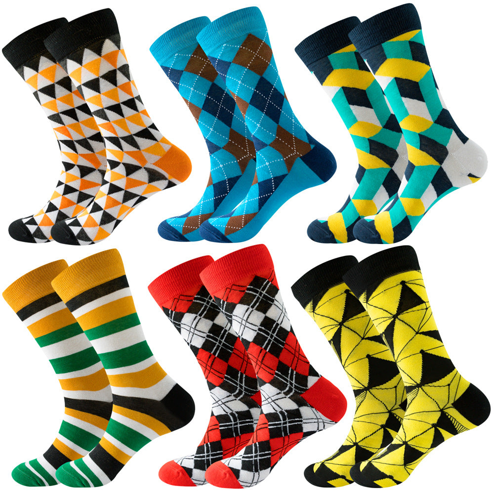 The same style striped men's and women's socks, trendy and colorful, for street wear, featuring a bold and unique design in mid-calf length.