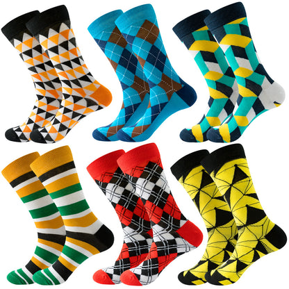 The same style striped men's and women's socks, trendy and colorful, for street wear, featuring a bold and unique design in mid-calf length.