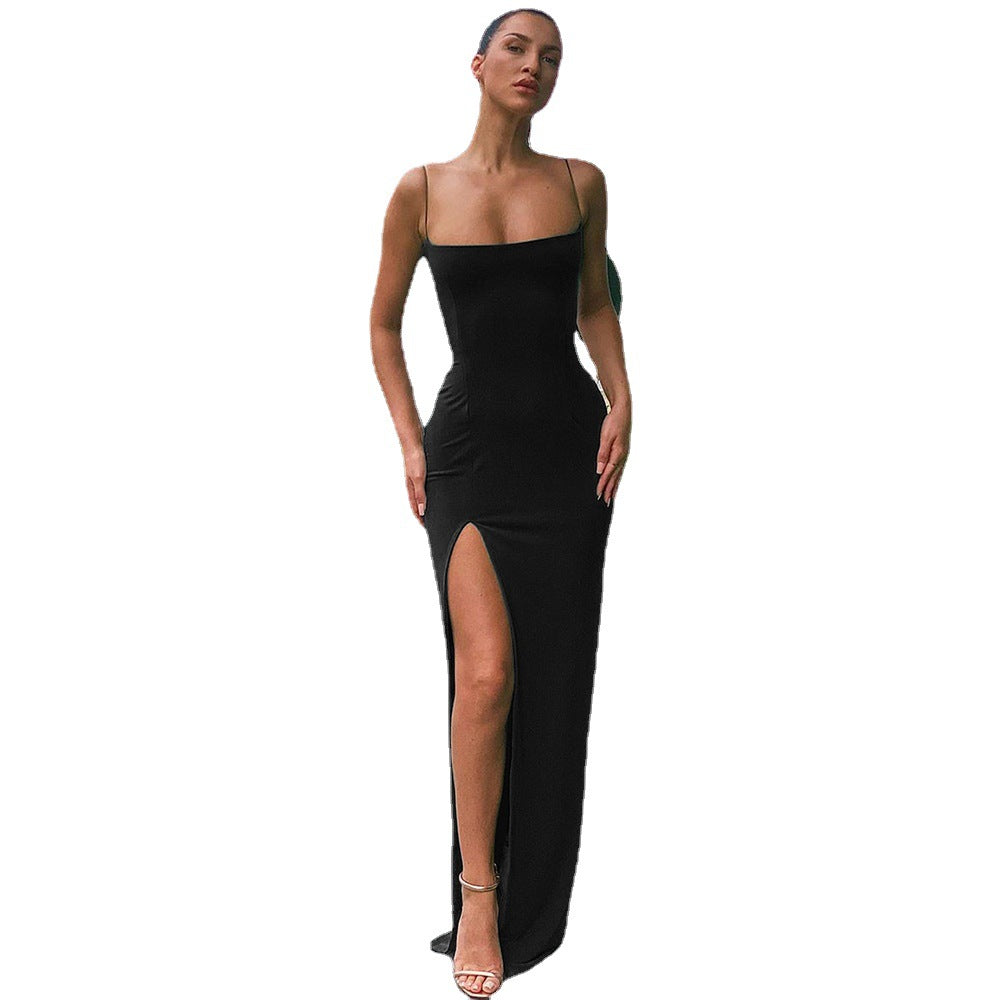 Summer women's dress with halter-neck, V-neckline, fitted design, backless, sexy, and slit opening.
