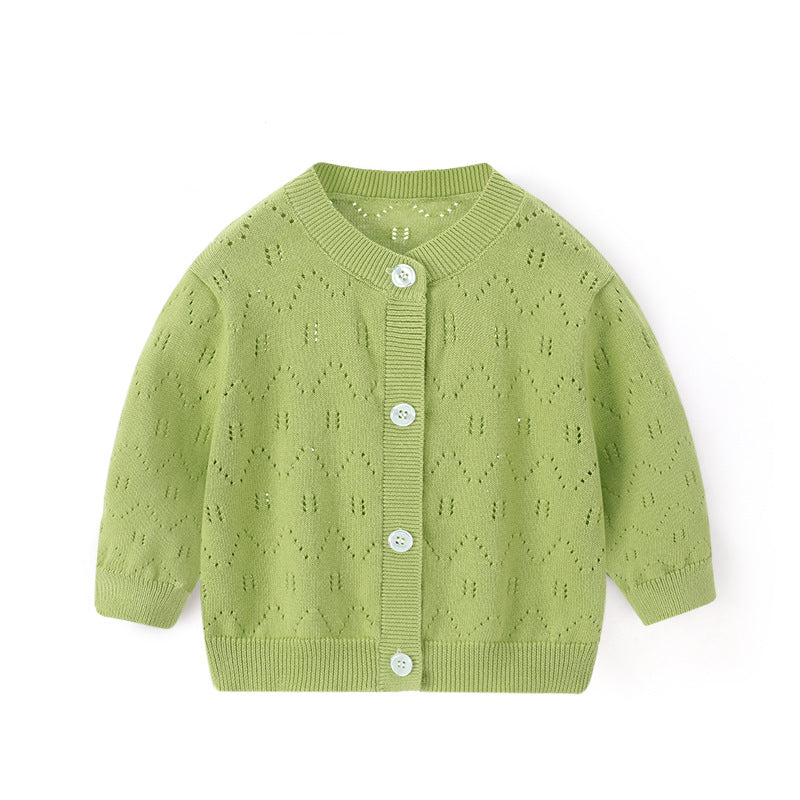 Spring and Summer Baby Lightweight Knitted Cardigan - Air Conditioner Protection Cooling Suit - Class A Cotton Long-Sleeved Children's Solid Color Breathable Round Collar Coat