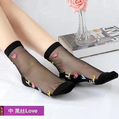 Glass fiber stockings - Children's rose flower sweet anti-slip cotton bottom stockings - Transparent mid-calf women's low-top trendy cotton stockings