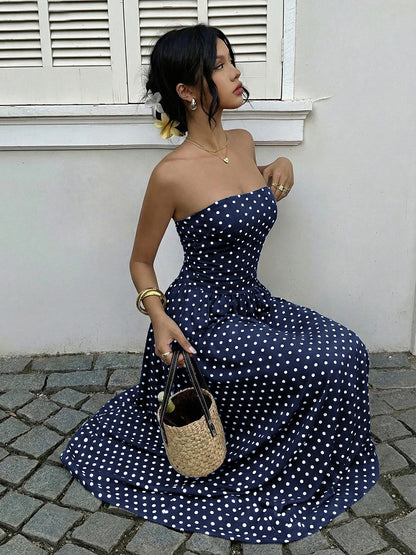 French-style elegant polka dot printed dress with sleeveless, plunging neckline and fitted waist for women