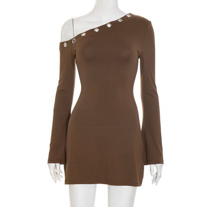 Women's Autumn/Winter Solid Color Slant Collar Openwork Circular Ring Ruffled Long-Sleeved Sleeveless Dress with Shoulder Exposure