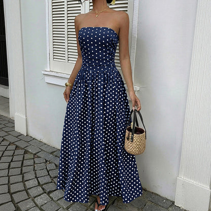 French-style elegant polka dot printed dress with sleeveless, plunging neckline and fitted waist for women