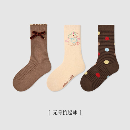儿童袜子批发2025秋冬花边蝴蝶结女童中筒袜棉木耳边无骨中筒童袜