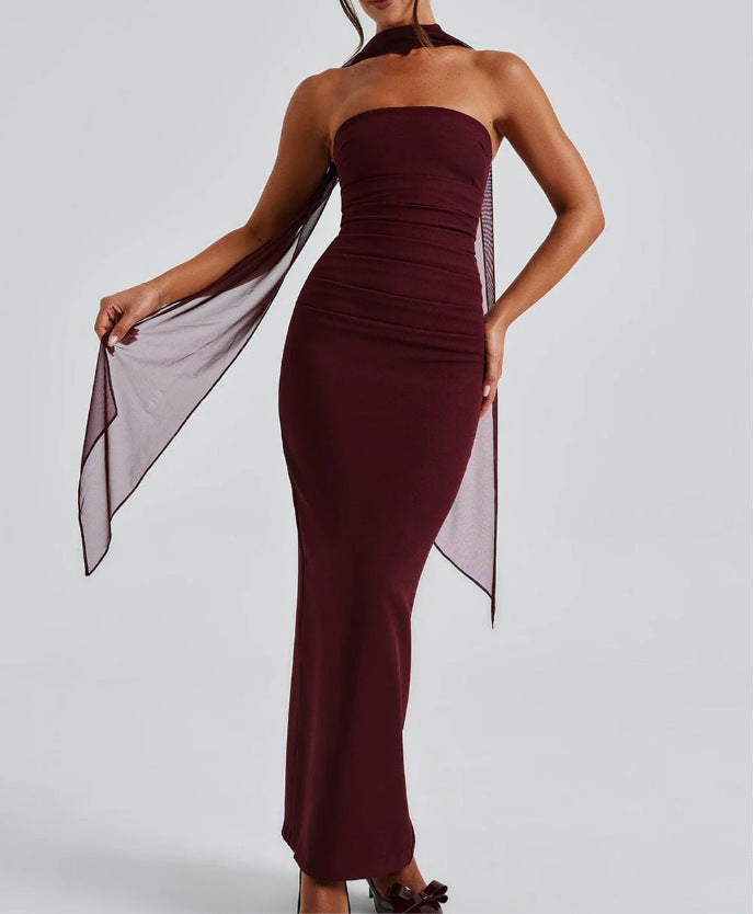 Winter and autumn silk scarf strapless figure-hugging form-fitting women's long dress with a back slit and full skirt