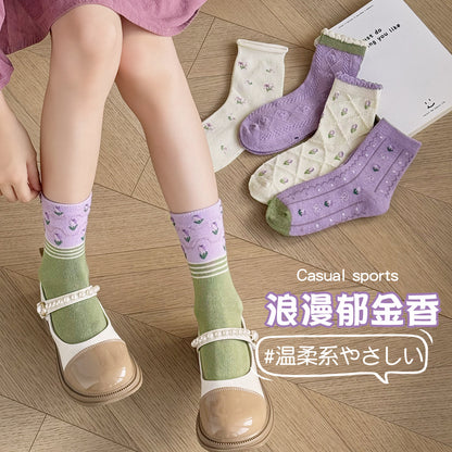 女童袜子春秋森系美拉德中筒袜日系花边蝴蝶结公主袜儿童袜子