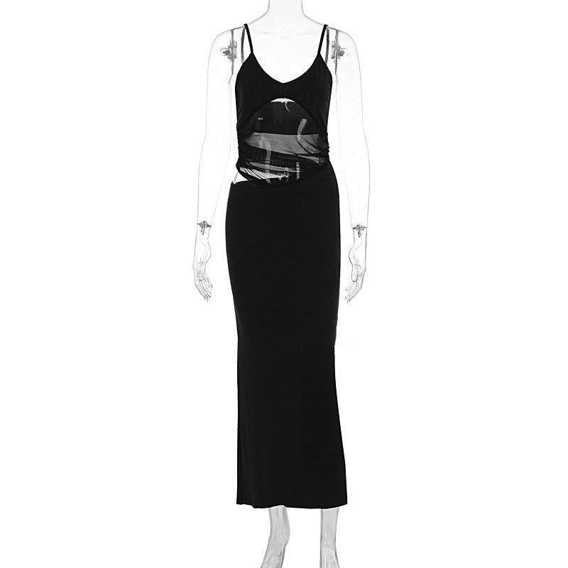 Net fabric seaside vacation long dress with stretch and figure-hugging design for women, featuring a sexy halter top and a one-piece style.