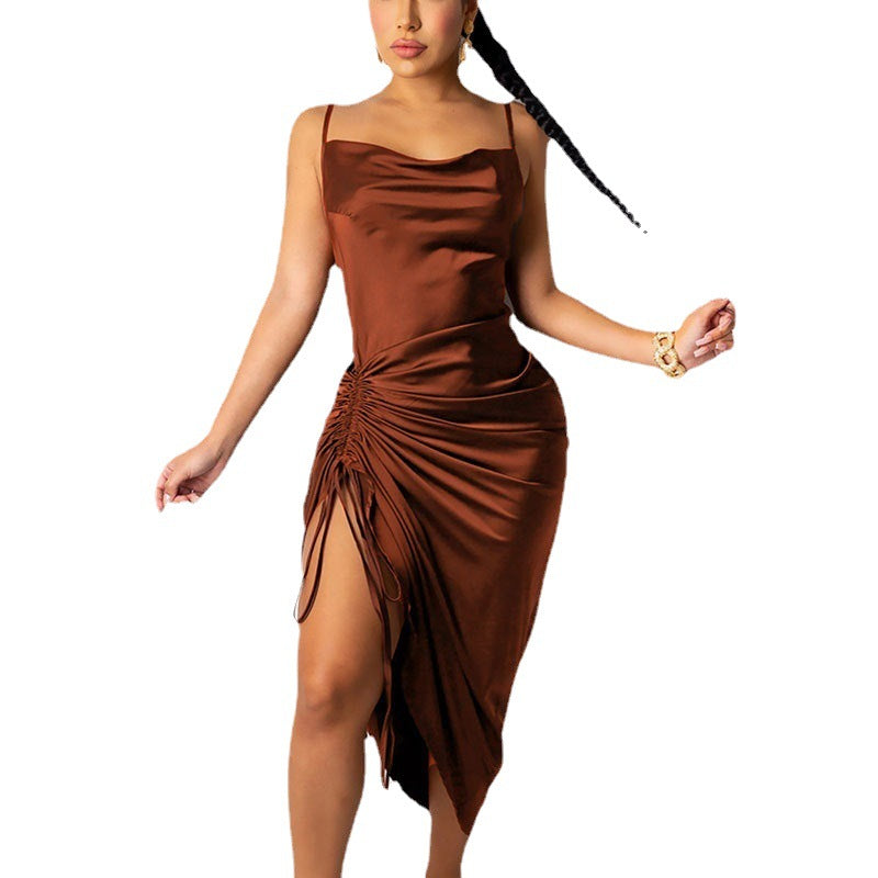 Women's summer dress - sexy backless lace-up pleated slit ruched halter dress
