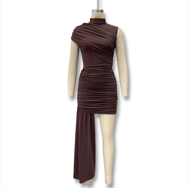 Summer beauty dress - solid color round-neck pleated ruffled halter-neck asymmetrical sleeveless A-line dress