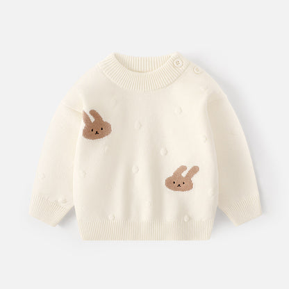 Little girl bunny pullover autumn cartoon round-neck A-type sweater, warm long-sleeved top, children's base knitting sweaterLittle girl bunny pullover autumn cartoon round-neck A-type sweater, warm long-sleeved top, children's base layer knitwear