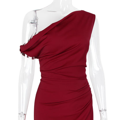 Women's fashionable asymmetric single-shoulder elegant cinched-waist French-style dress for long women's skirts with high-quality texture and luxurious feel