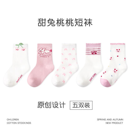 儿童袜子批发2024秋冬甜美兔子花边女童袜子棉质无骨儿童中筒袜