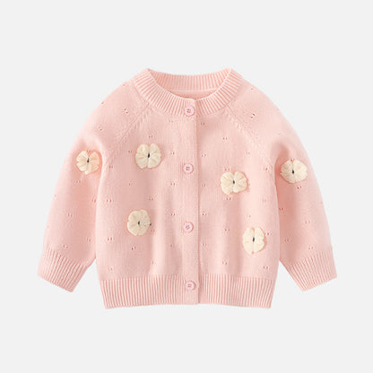 Girls' sweater cardigan princess three-dimensional flower round-neck knitted cotton coat pure color cotton outerwear baby girl A-class sweater