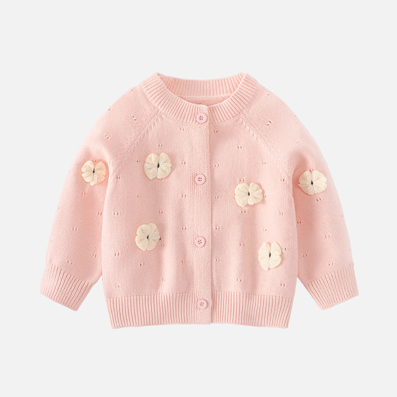 Girls' sweater cardigan princess three-dimensional flower round-neck knitted cotton coat pure color cotton outerwear baby girl A-class sweater