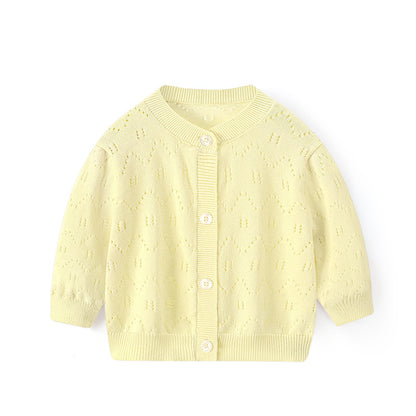 Spring and Summer Baby Lightweight Knitted Cardigan - Air Conditioner Protection Cooling Suit - Class A Cotton Long-Sleeved Children's Solid Color Breathable Round Collar Coat