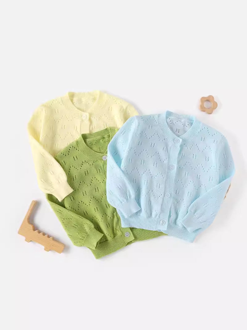 Spring and Summer Baby Lightweight Knitted Cardigan - Air Conditioner Protection Cooling Suit - Class A Cotton Long-Sleeved Children's Solid Color Breathable Round Collar Coat