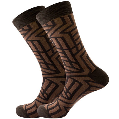 The same style striped men's and women's socks, trendy and colorful, for street wear, featuring a bold and unique design in mid-calf length.