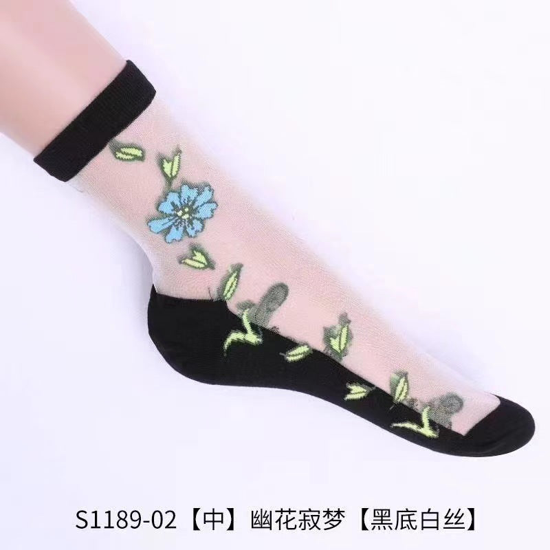 Glass fiber stockings - Children's rose flower sweet anti-slip cotton bottom stockings - Transparent mid-calf women's low-top trendy cotton stockings