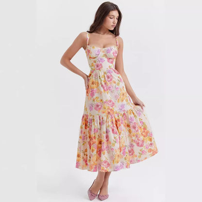 Women's sleeveless bandeau halter top with lace and solid color mid-length spicy style dress with floral pattern cake-shaped A-line skirt