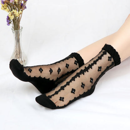 Summer ice silk stockings - children's polka dot striped butterfly glass silk stockings mid-calf crystal silk cardigan skin-colored short socks, thin style