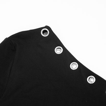 Women's Autumn/Winter Solid Color Slant Collar Openwork Circular Ring Ruffled Long-Sleeved Sleeveless Dress with Shoulder Exposure