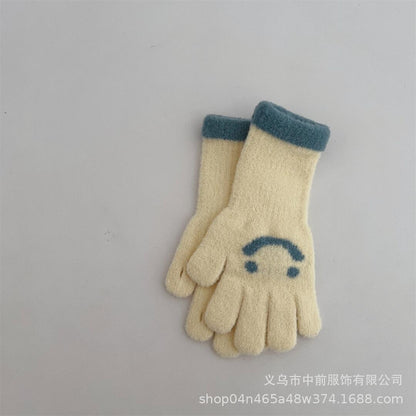 冬季儿童可触屏长款笑脸拼色五指针织手套男女童宝宝保暖分指手套