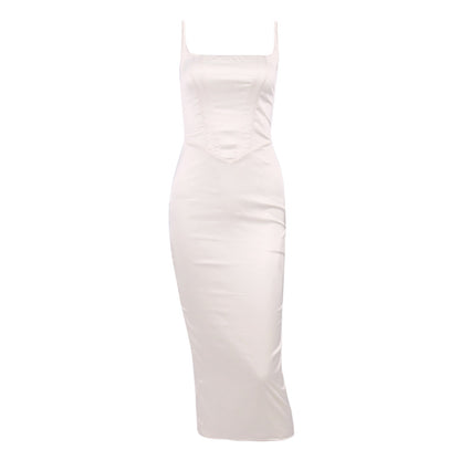 Women's sexy color canvas square-neck fitted waist revealing backpack hip strap skirt dress
