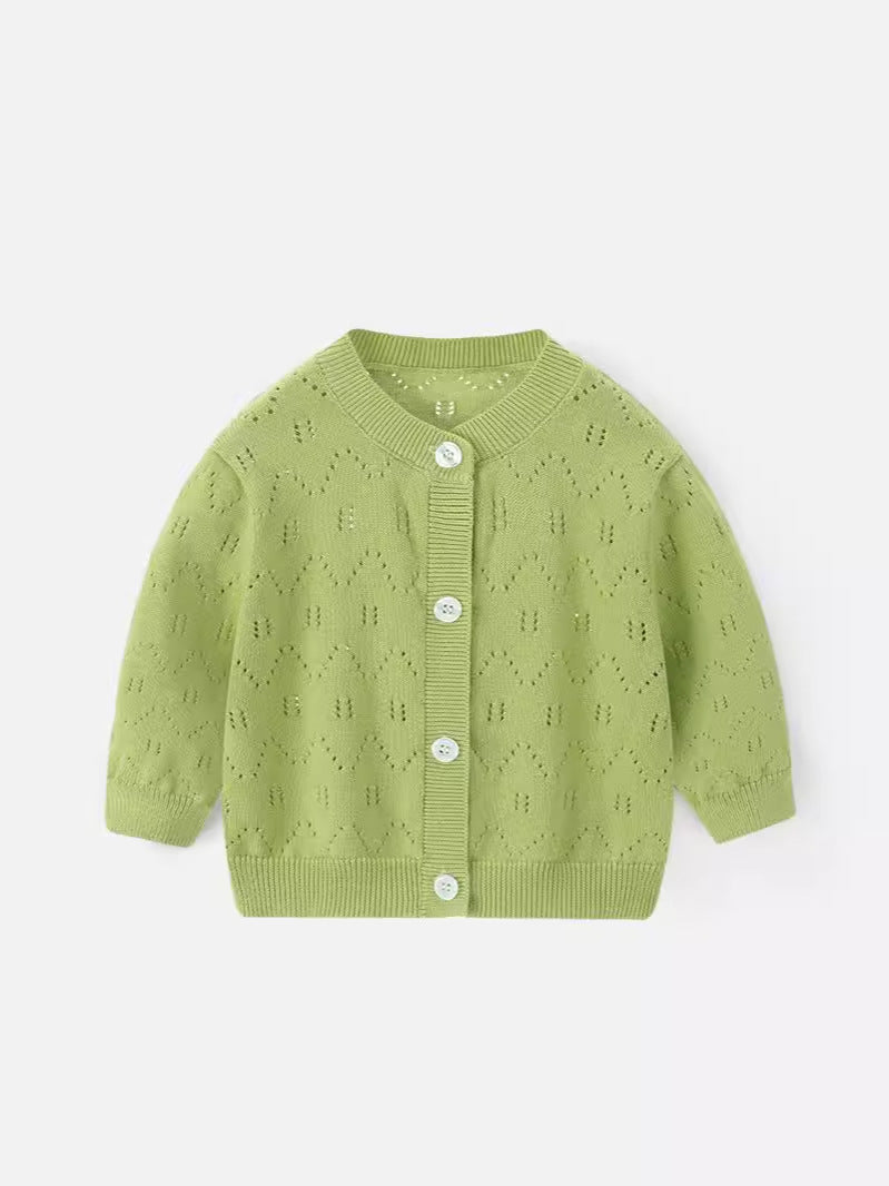 Spring and Summer Baby Lightweight Knitted Cardigan - Air Conditioner Protection Cooling Suit - Class A Cotton Long-Sleeved Children's Solid Color Breathable Round Collar Coat