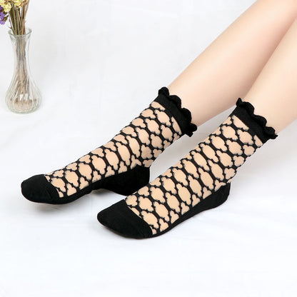 Summer ice silk stockings - children's polka dot striped butterfly glass silk stockings mid-calf crystal silk cardigan skin-colored short socks, thin style