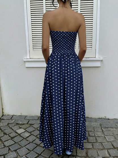 French-style elegant polka dot printed dress with sleeveless, plunging neckline and fitted waist for women