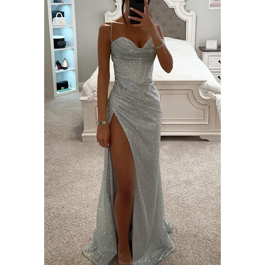Long dress party fashion halter top dress loose and casual slit women's dress