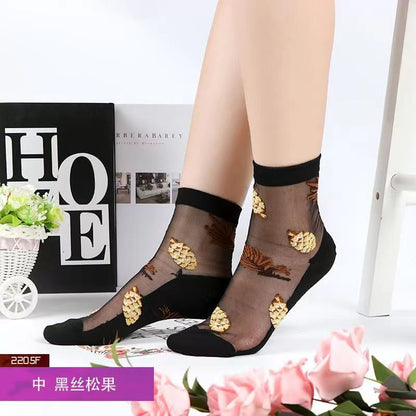 Glass fiber stockings - Children's rose flower sweet anti-slip cotton bottom stockings - Transparent mid-calf women's low-top trendy cotton stockings