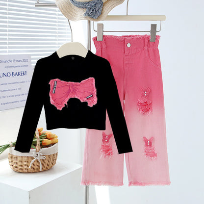 Girls' Summer Set - Two-Piece Set of Sleeveless Hole-Punched Denim Pants for Ages 4-12 - Summer Dress for Girls