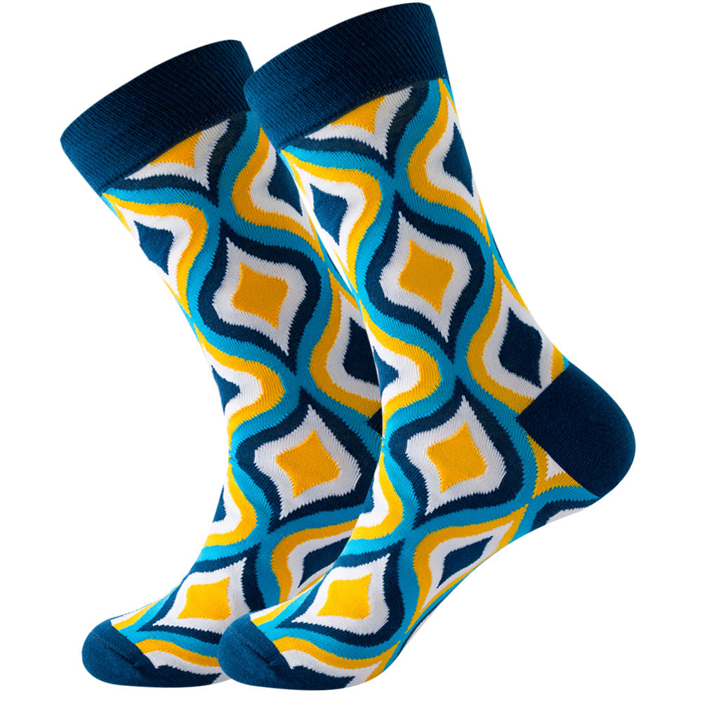 The same style striped men's and women's socks, trendy and colorful, for street wear, featuring a bold and unique design in mid-calf length.