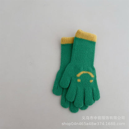 冬季儿童可触屏长款笑脸拼色五指针织手套男女童宝宝保暖分指手套