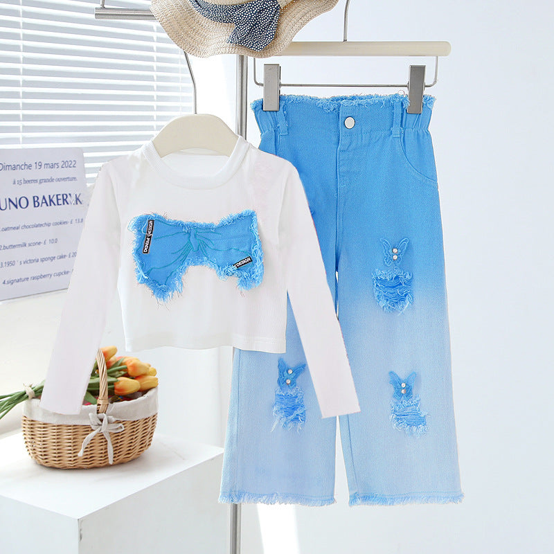Girls' Summer Set - Two-Piece Set of Sleeveless Hole-Punched Denim Pants for Ages 4-12 - Summer Dress for Girls