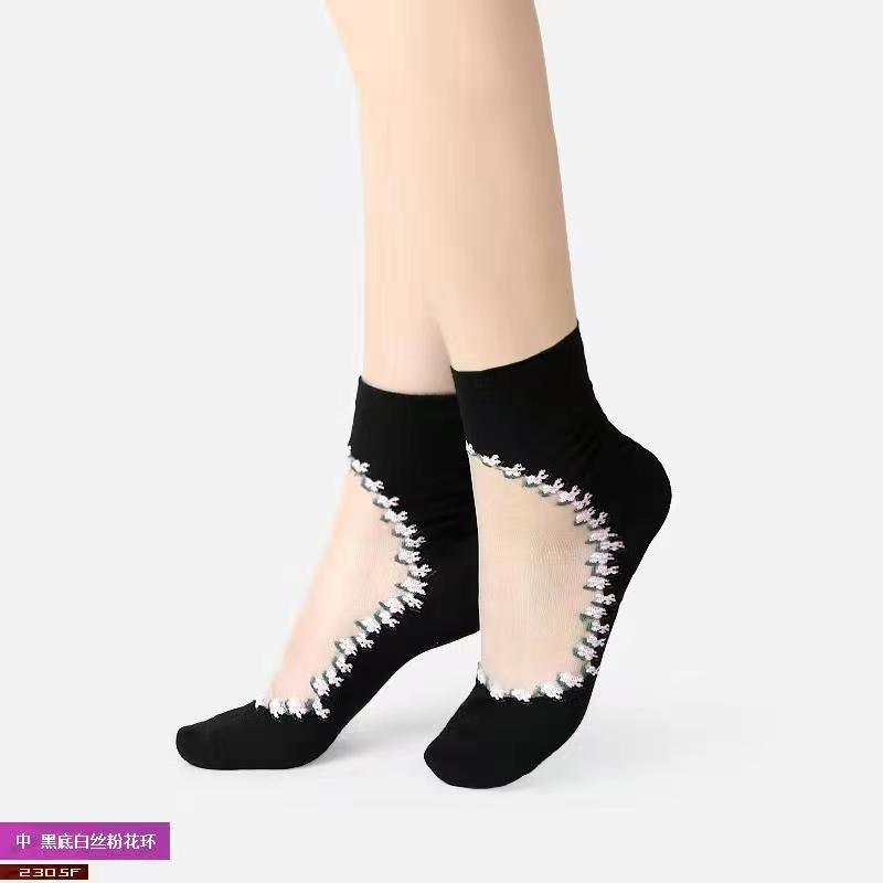 Glass fiber stockings - Children's rose flower sweet anti-slip cotton bottom stockings - Transparent mid-calf women's low-top trendy cotton stockings