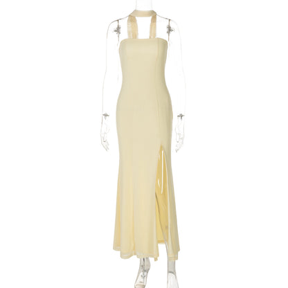 Spring fashion new women's dress with a plunging and slit design, slim fit, pure color, elegant style