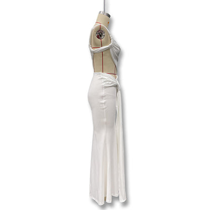 Summer sexy single-shoulder backless plunging strapless dress in fashionable solid color with pleated and gathered long skirt