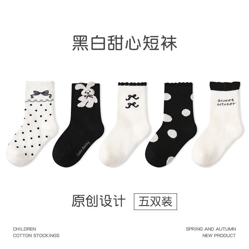 儿童袜子批发2024秋冬甜美兔子花边女童袜子棉质无骨儿童中筒袜