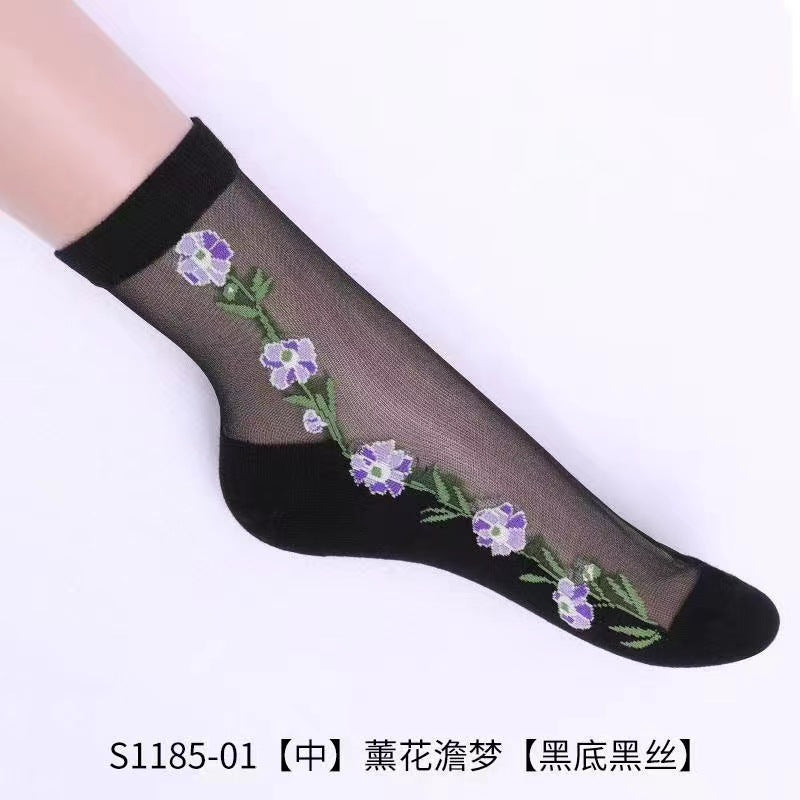 Glass fiber stockings - Children's rose flower sweet anti-slip cotton bottom stockings - Transparent mid-calf women's low-top trendy cotton stockings